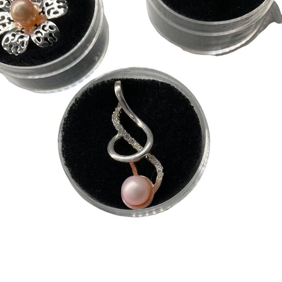 Sterling Silver & Pearl Pendant Trio Set With Flower Teardrop & Twisted Designs - Picture 4 of 5